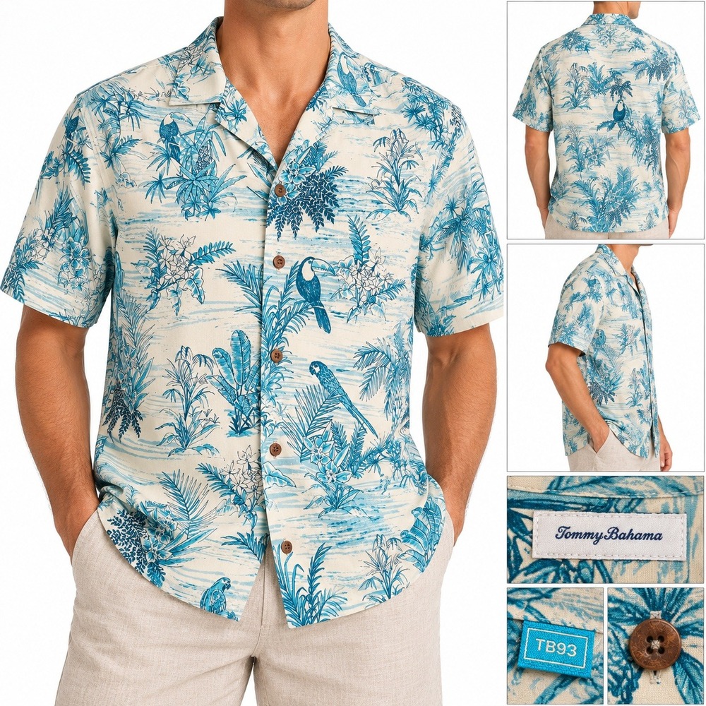 Tommy Bahama TB93 Mens Silk Camp Shirt Medium Blue White Tropical Toucan Parrot